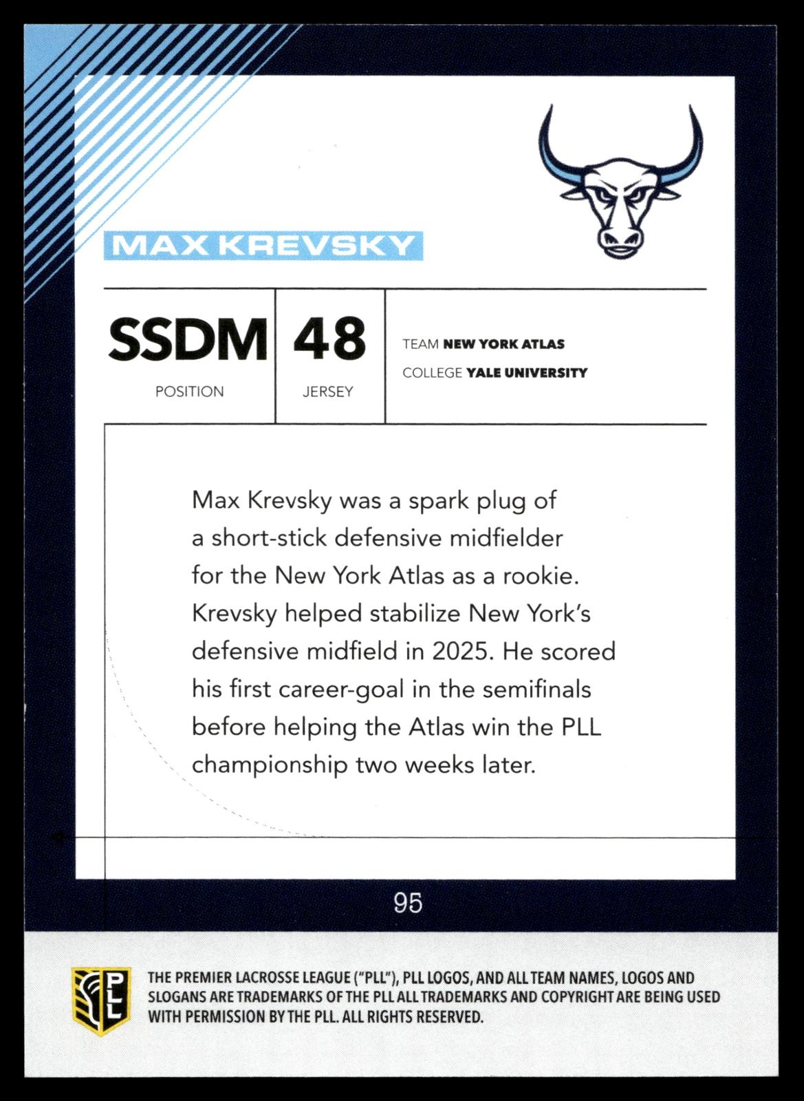 Max Krevsky 2026 PLL Fieldside II New York Atlas Blue 30/99 #95