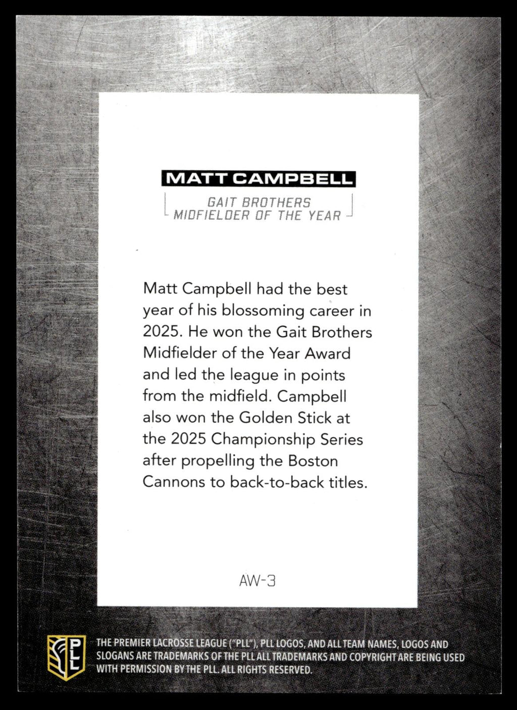 Matt Campbell 2026 PLL Fieldside II Boston Cannons Blue 82/99 #AW-3