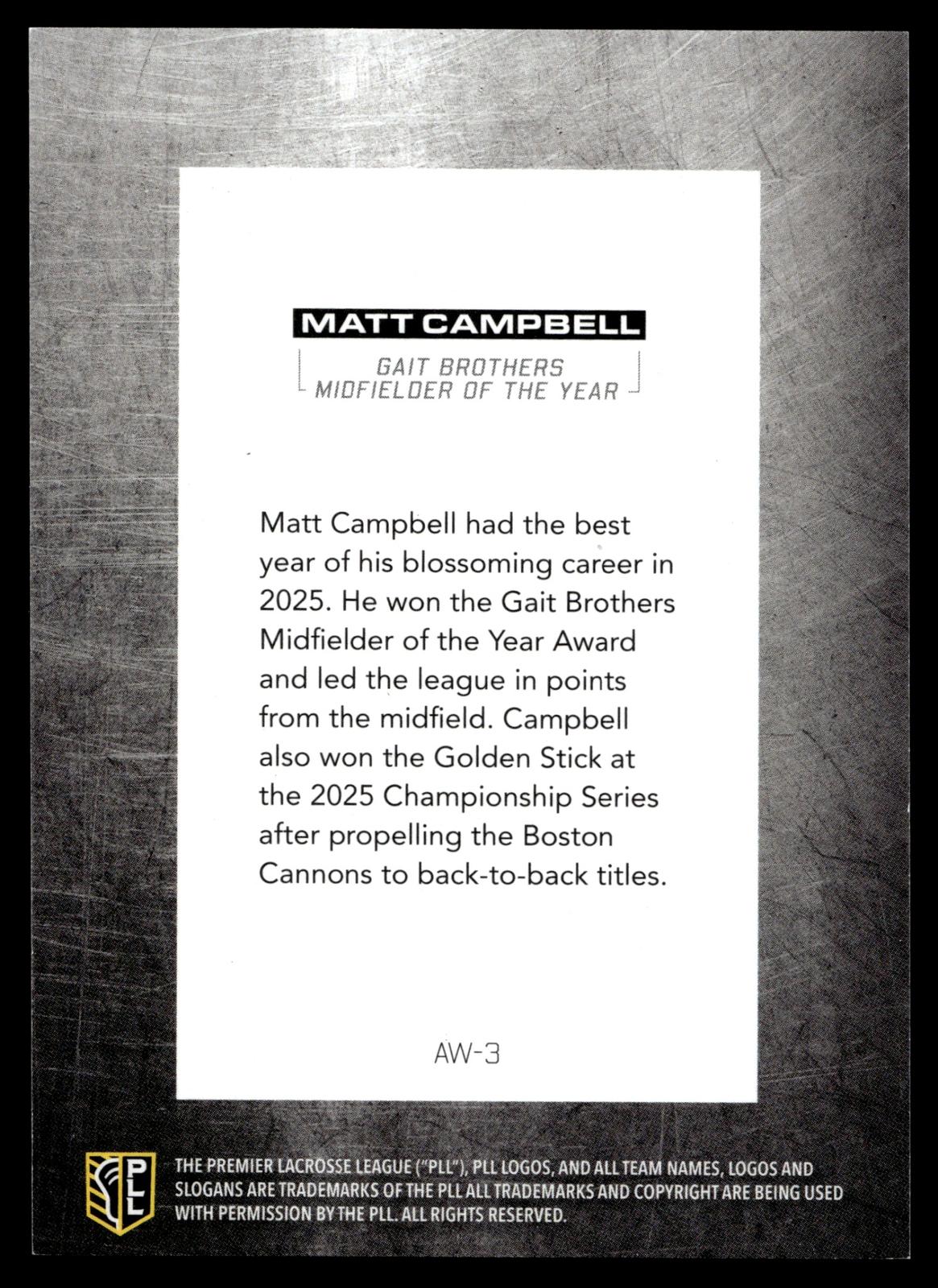 Matt Campbell 2026 PLL Fieldside II Boston Cannons Blue 82/99 #AW-3