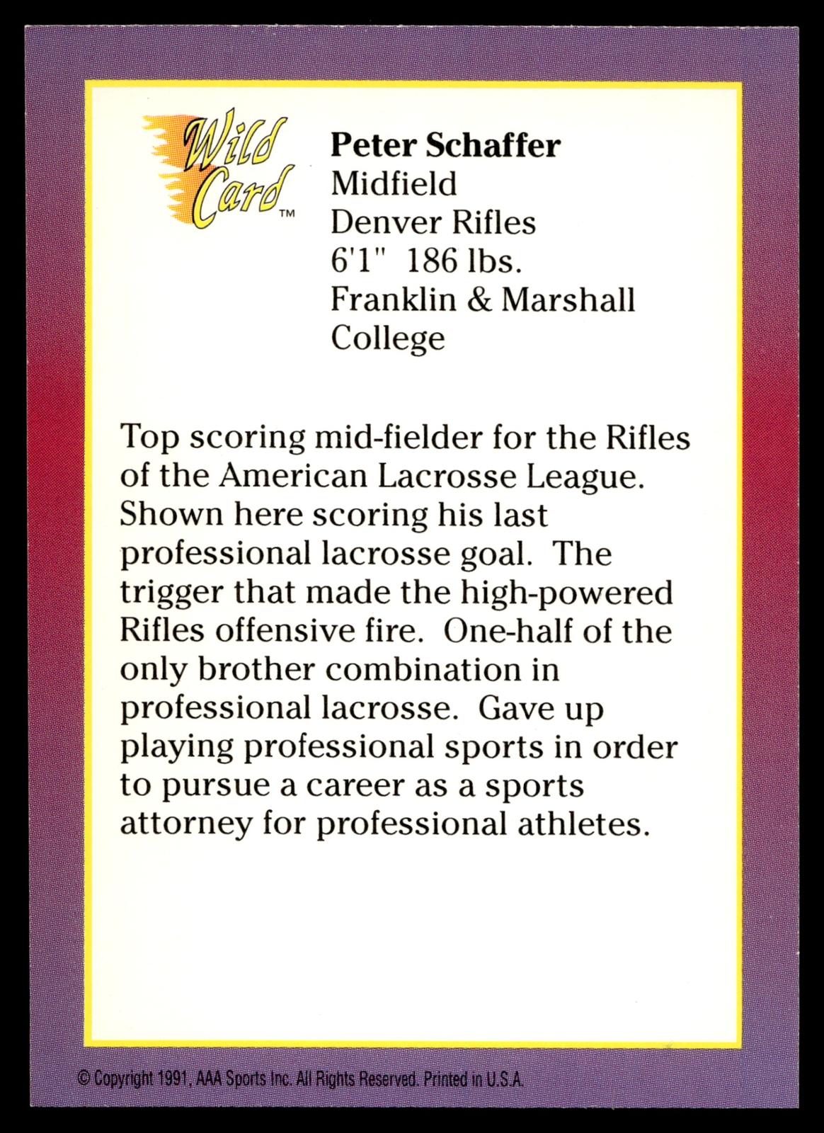 Peter Schaffer 1991 Wild Card (Promo) Denver Rifles #NNO