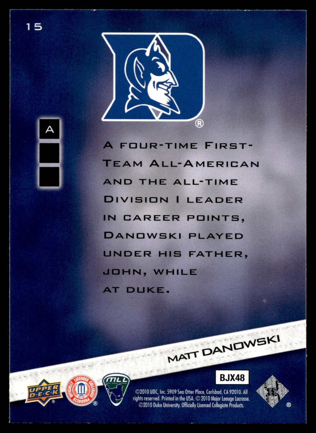Matt Danowski 2010 Upper Deck College Colors Duke Blue Devils #15