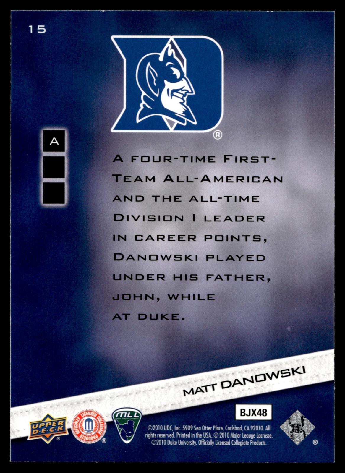 Matt Danowski 2010 Upper Deck College Colors Duke Blue Devils #15