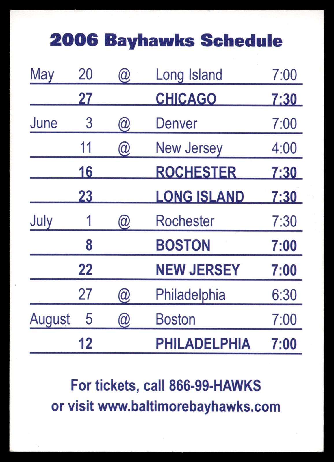 Paul Cantabene 2006 Schedule Card Baltimore Bayhawks