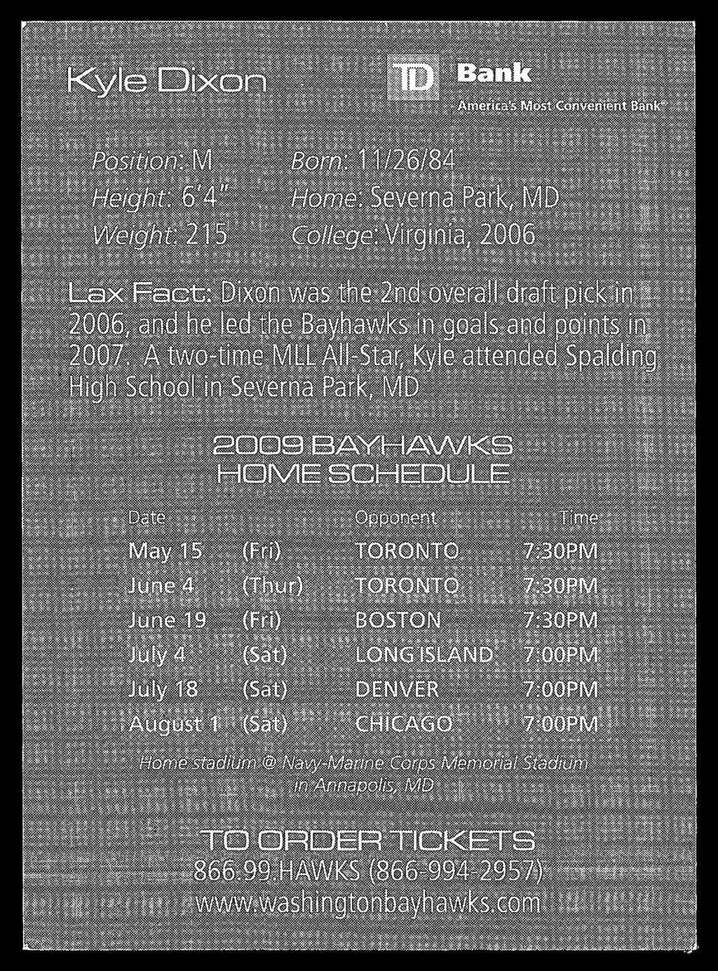 Kyle Dixon 2009 Schedule Card Washington Bayhawks