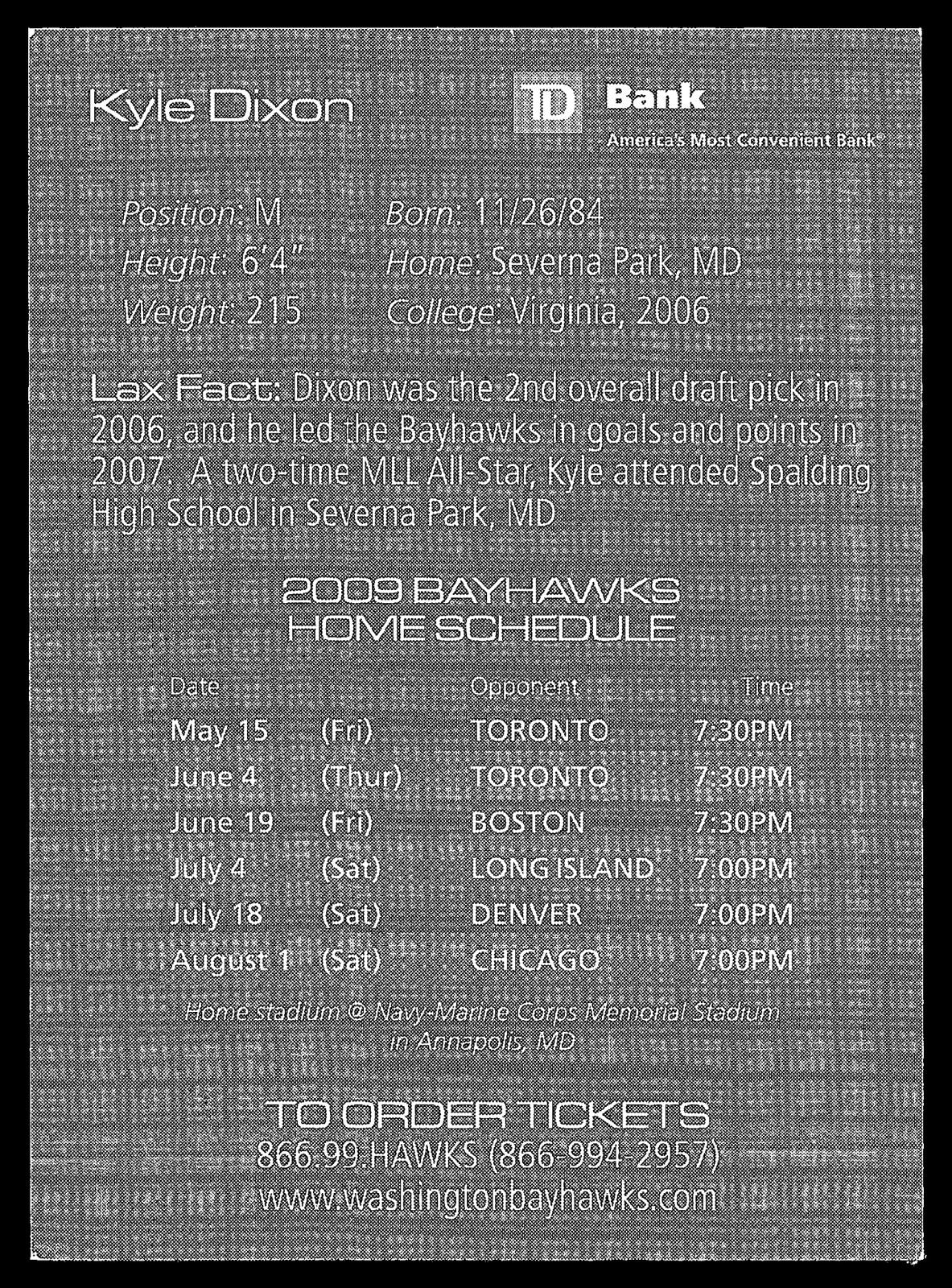 Kyle Dixon 2009 Schedule Card Washington Bayhawks