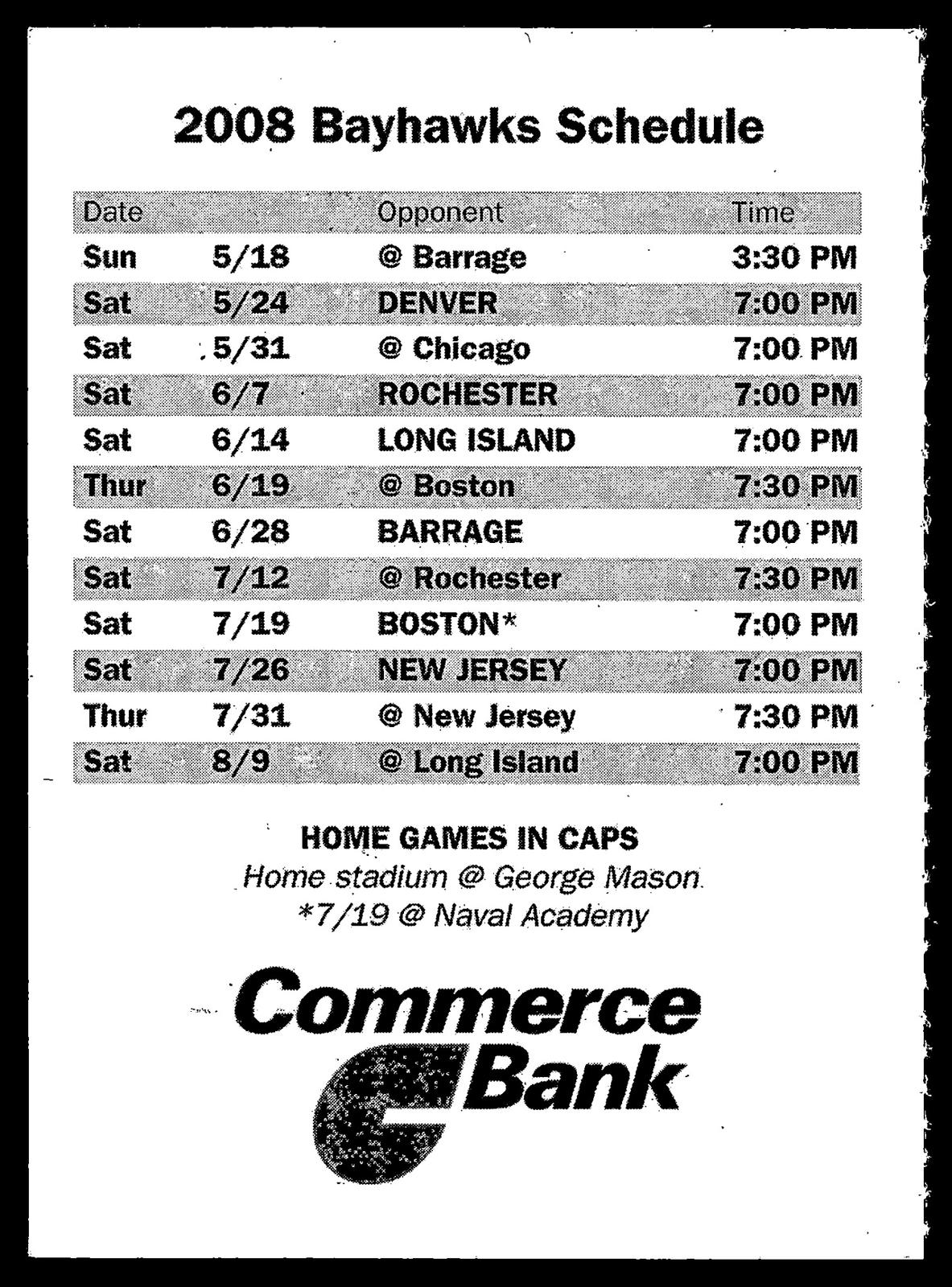 Mr. C 2008 Schedule Card Washington Bayhawks