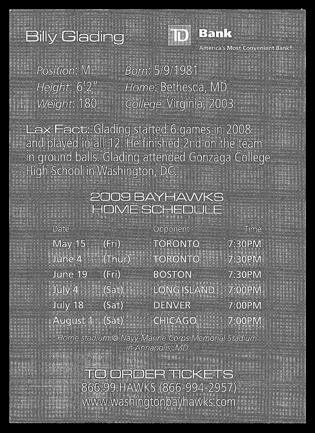 Billy Glading 2009 Schedule Card Washington Bayhawks