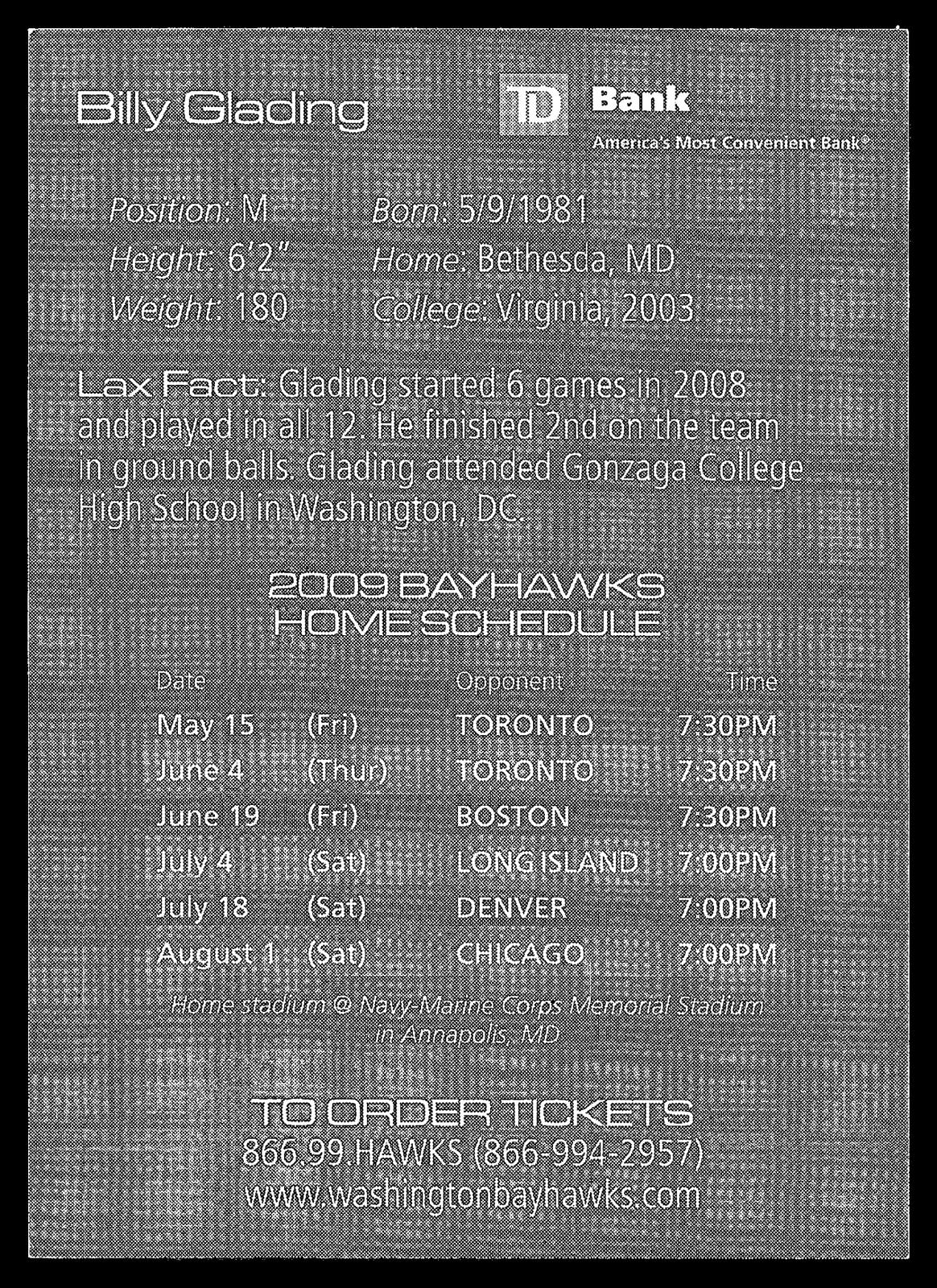Billy Glading 2009 Schedule Card Washington Bayhawks