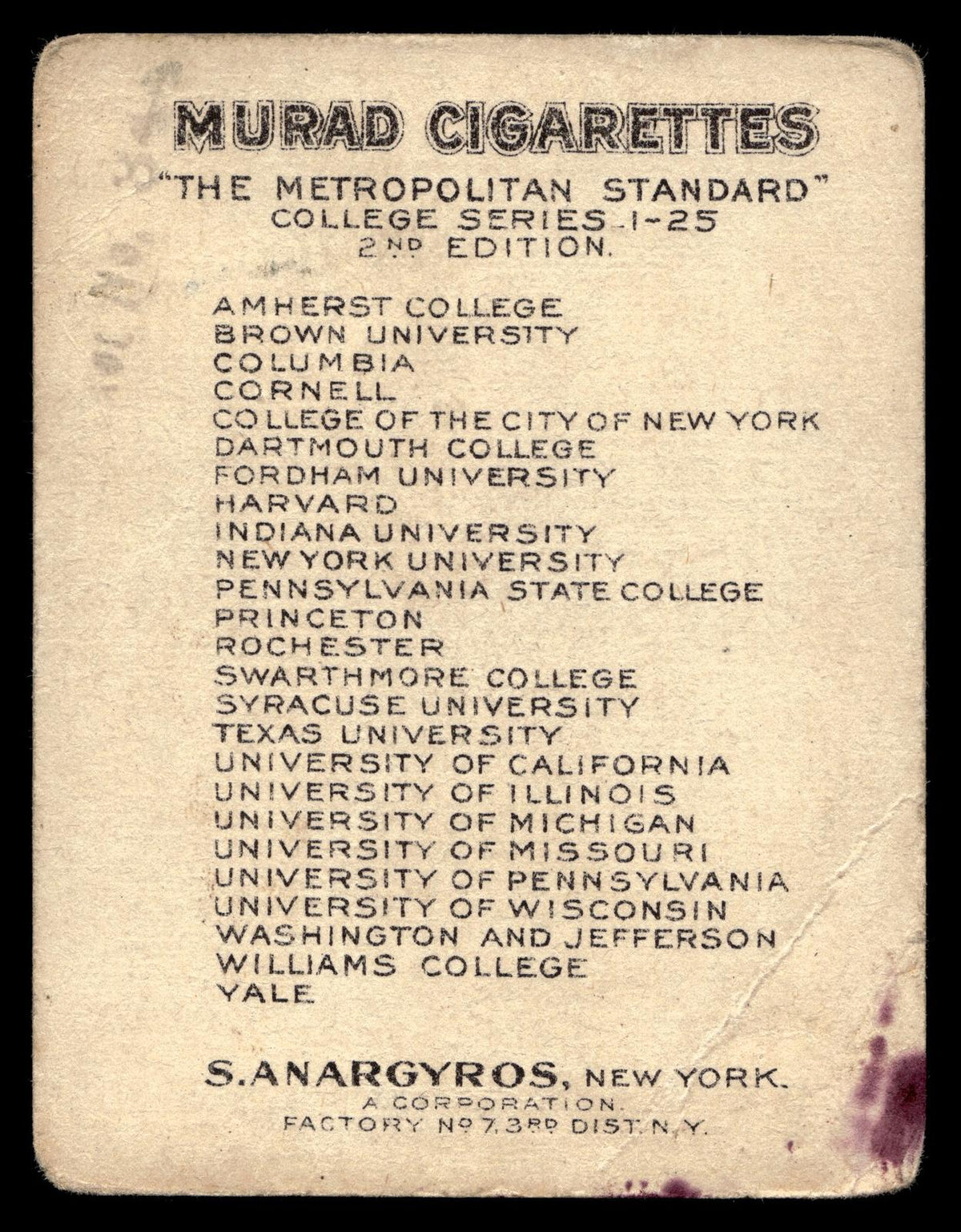 1909-1912 Swarthmore Murad Cigarettes (T51) Swarthmore Garnet #NNO