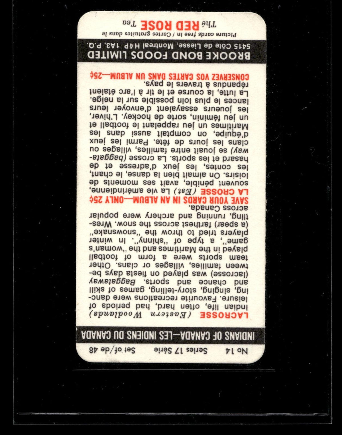 1974 Lacrosse Brooke Bond (Red Rose Tea) Indians of Canada #14