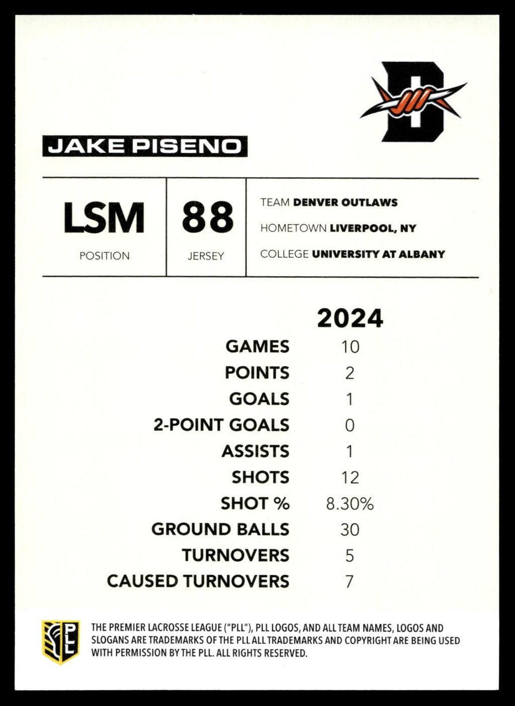 Jake Piseno 2025 PLL Flagship Denver Outlaws Base Auto #2