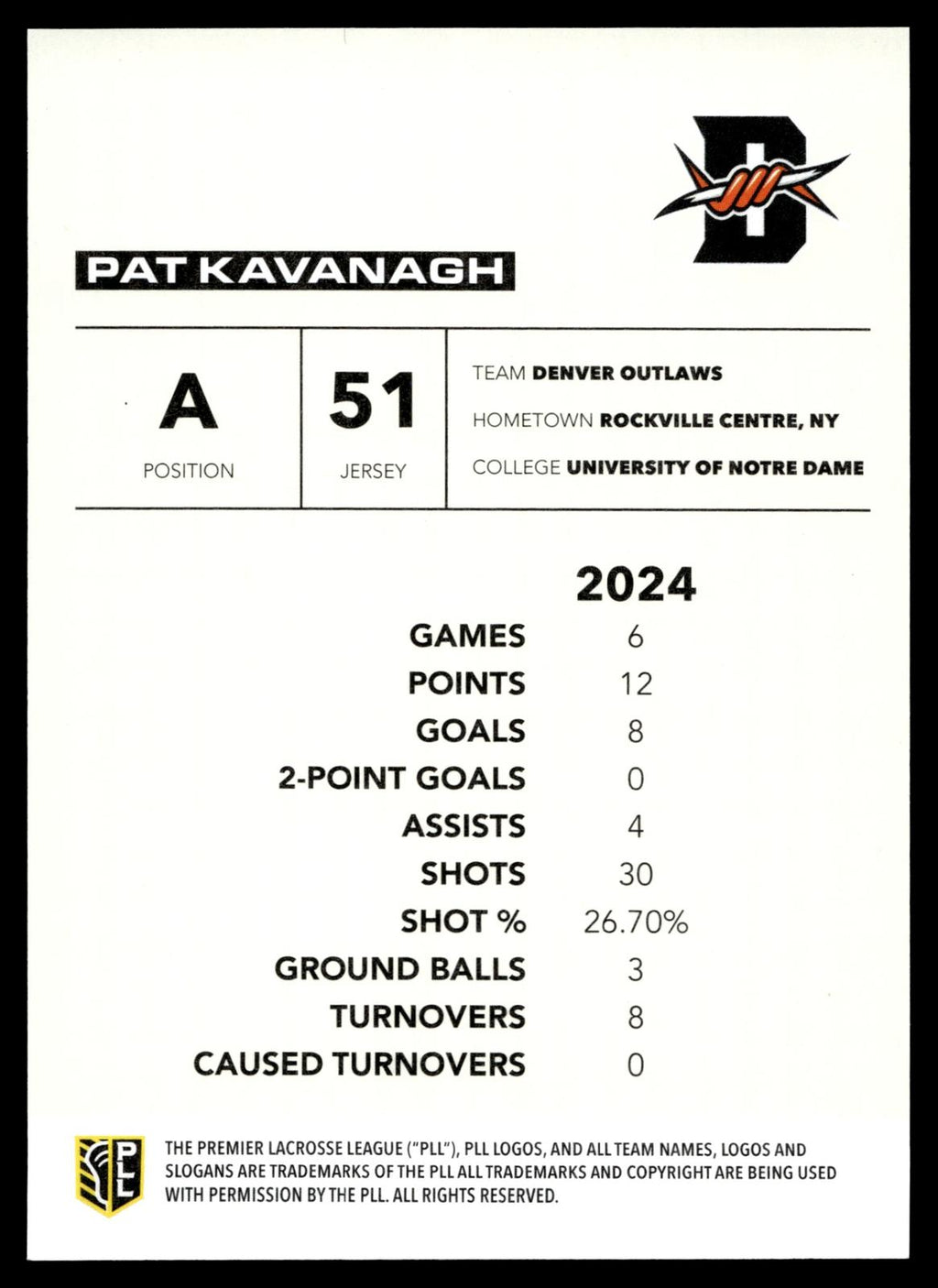 Pat Kavanagh 2025 PLL Flagship Denver Outlaws Base Auto #75