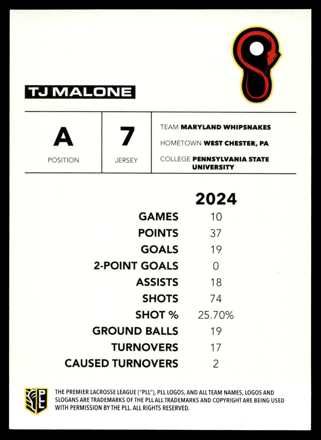 Tj Malone 2025 PLL Flagship Maryland Whipsnakes Base Auto #38