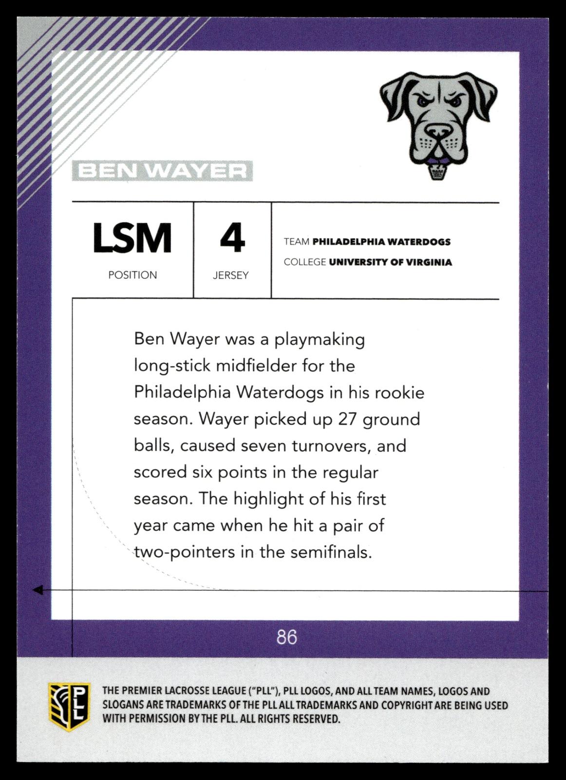 Ben Wayer 2026 PLL Fieldside II Philadelphia Waterdogs Base Auto #86