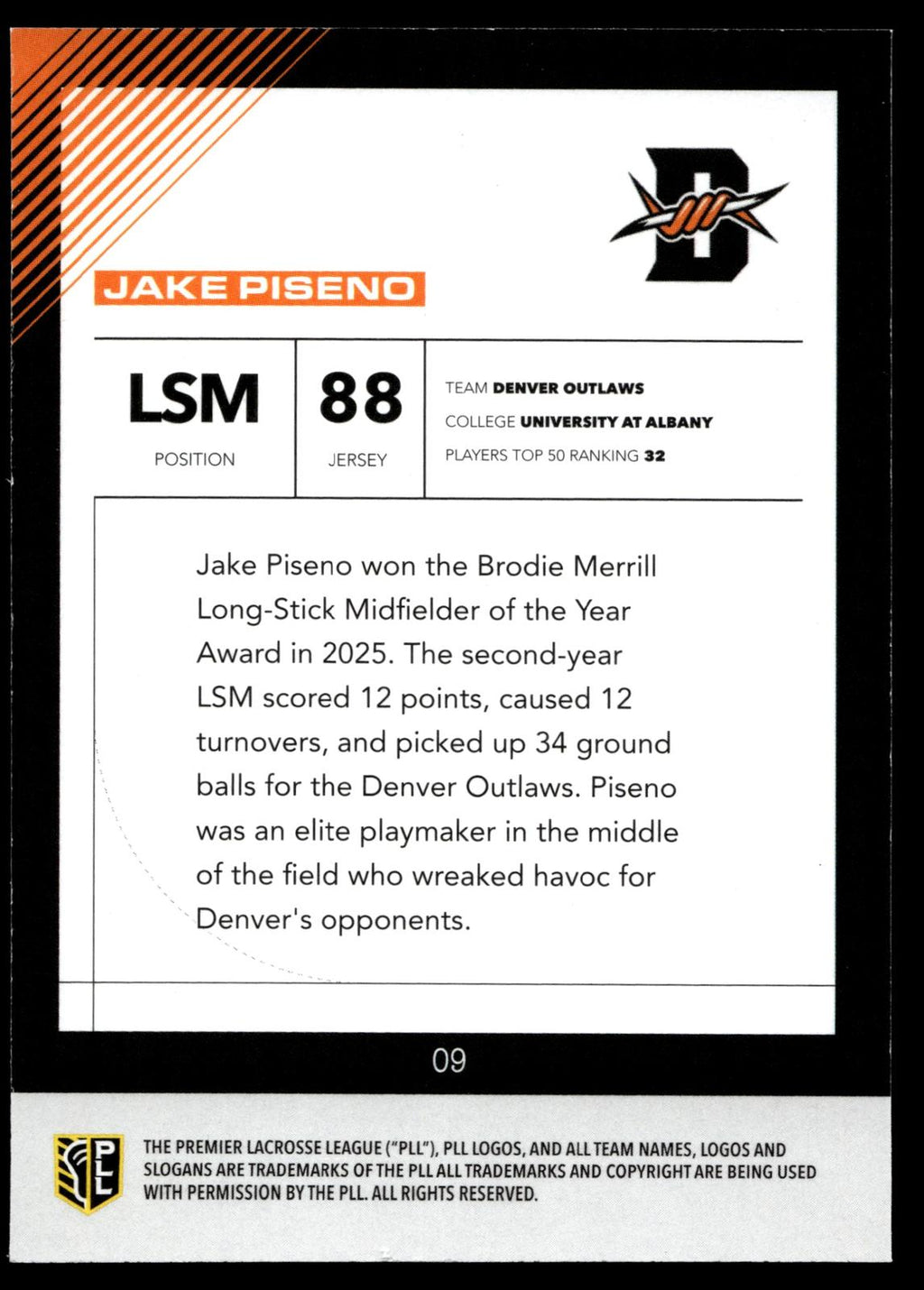 Jake Piseno 2026 PLL Fieldside II Denver Outlaws Matte Finish #09