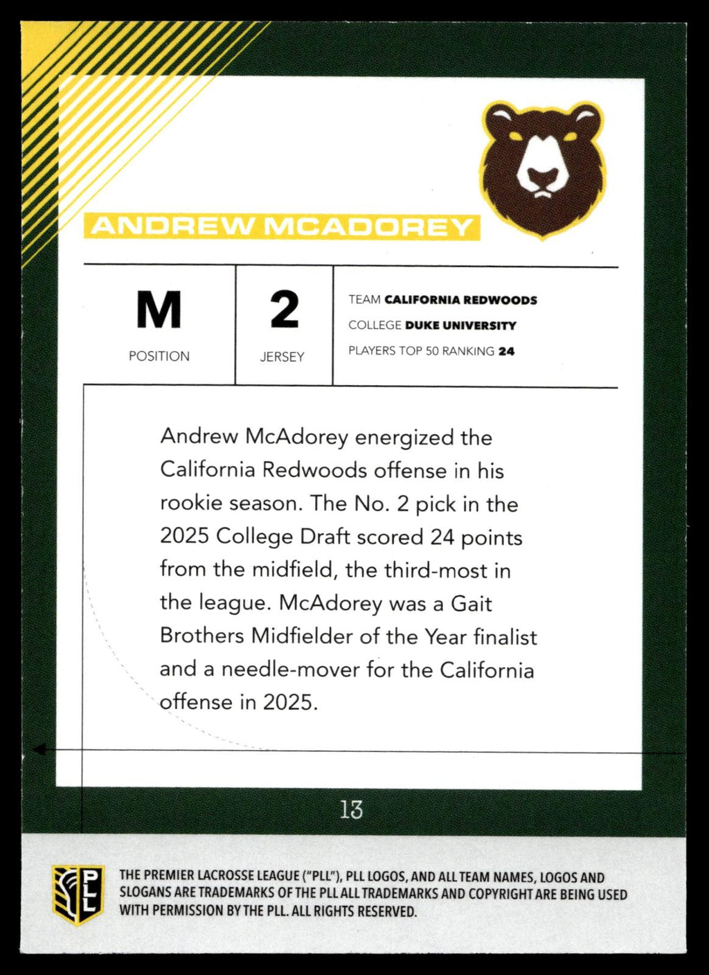 Andrew McAdorey 2026 PLL Fieldside II California Redwoods Matte Finish #13