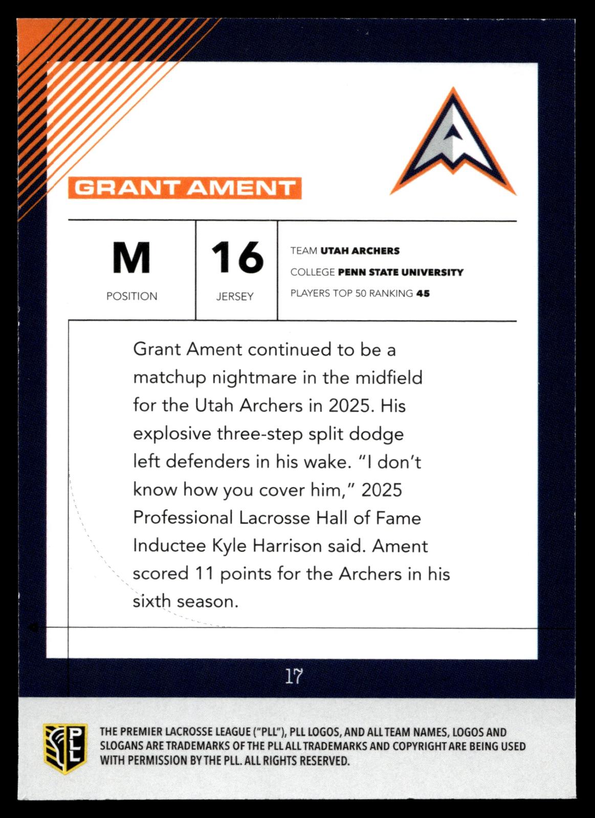 Grant Ament 2026 PLL Fieldside II Utah Archers Matte Finish #17