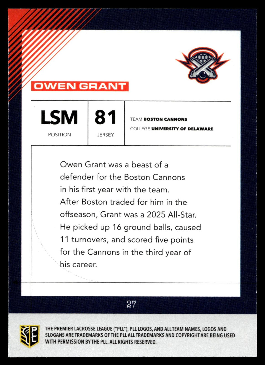 Owen Grant 2026 PLL Fieldside II Boston Cannons Matte Finish #27