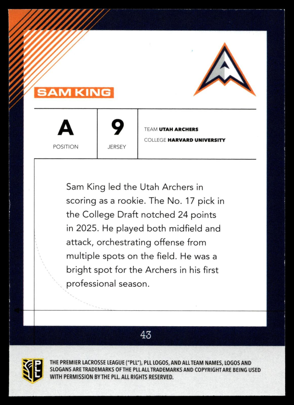 Sam King 2026 PLL Fieldside II Utah Archers Matte Finish #43