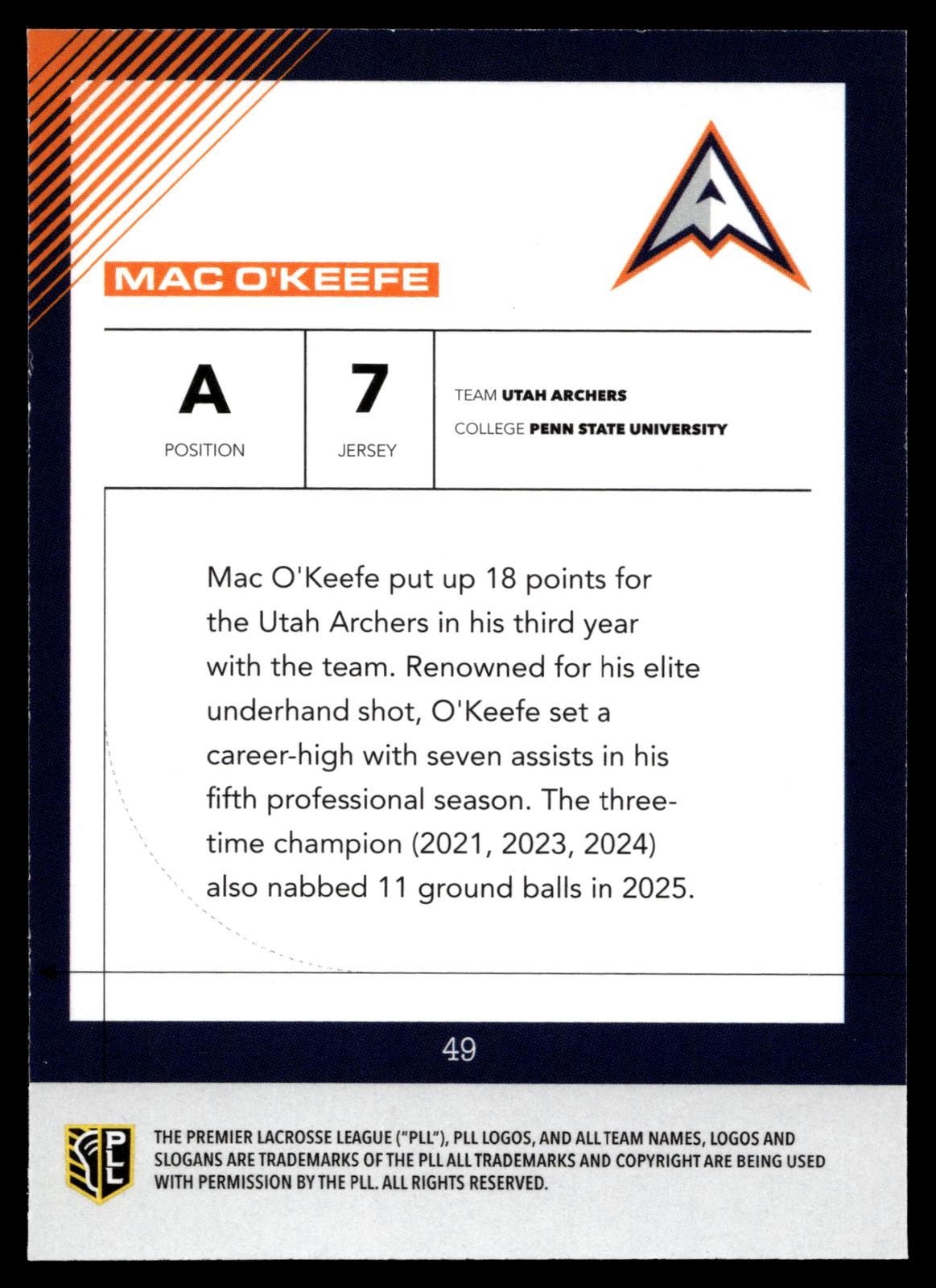 Mac O'Keefe 2026 PLL Fieldside II Utah Archers Matte Finish #49