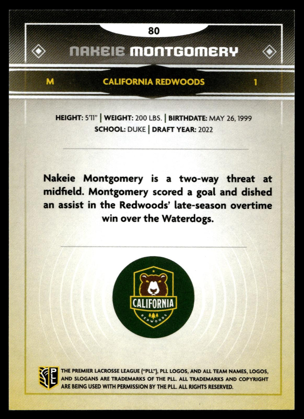 Nakeie Montgomery 2025 PLL Fieldside California Redwoods #80
