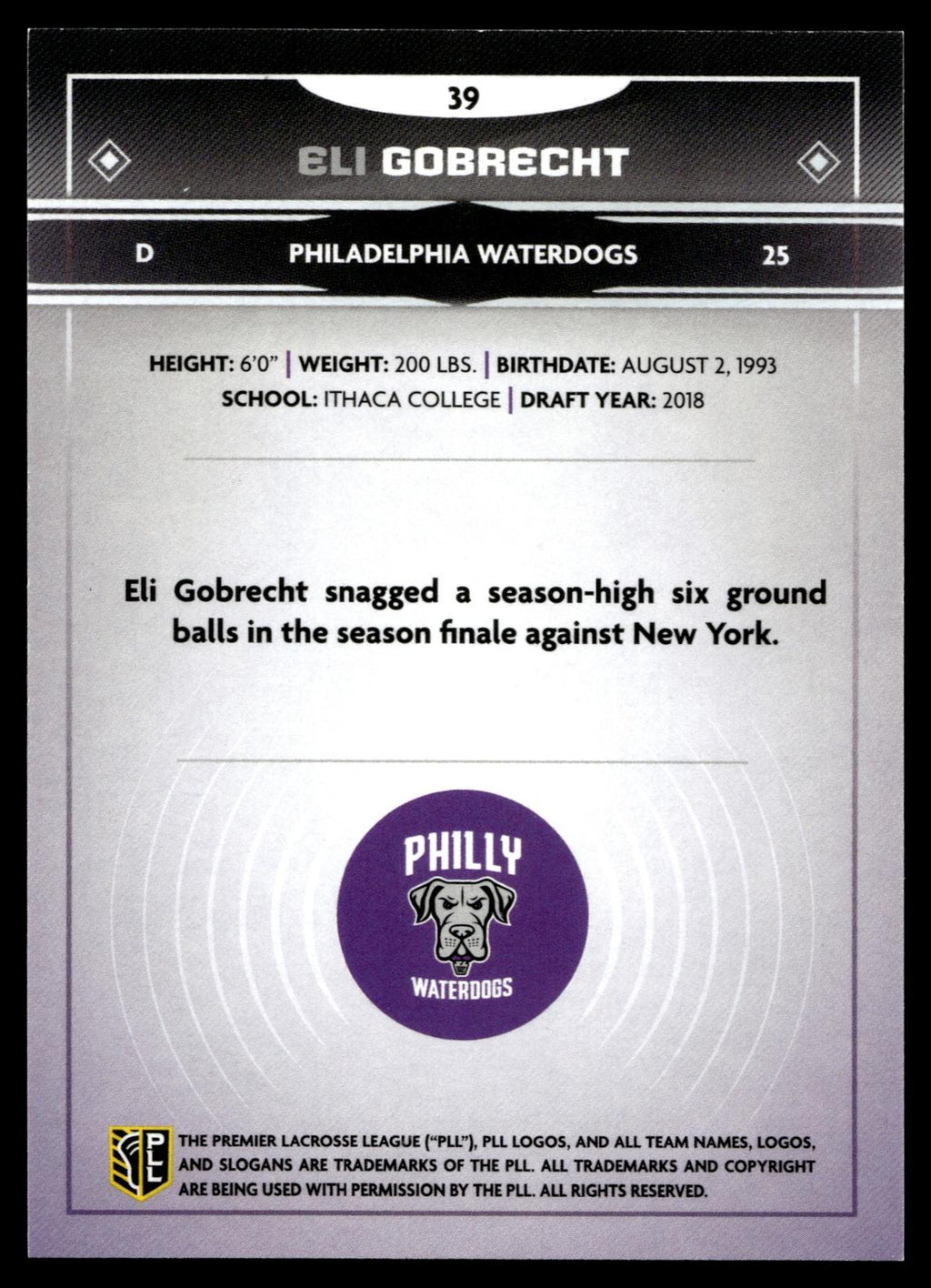 Eli Gobrecht 2025 PLL Fieldside Philadelphia Waterdogs #39