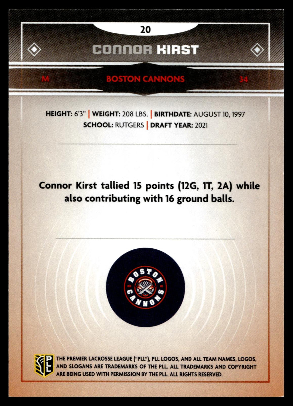 Connor Kirst 2025 PLL Fieldside Boston Cannons Green Foil 85/99 #20