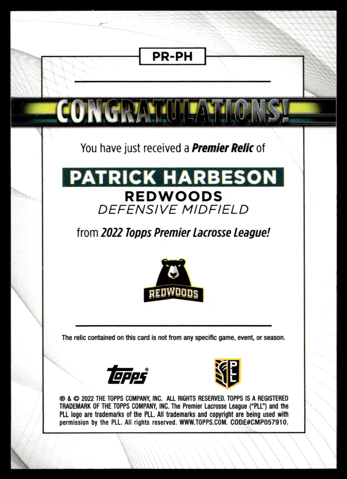 Patrick Harbeson 2022 Topps PLL Redwoods Premier Relics #PR-PH