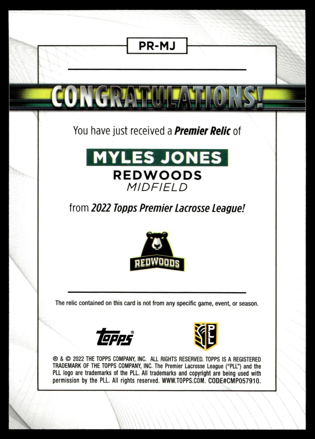 Myles Jones 2022 Topps PLL Redwoods Premier Relics #PR-MJ