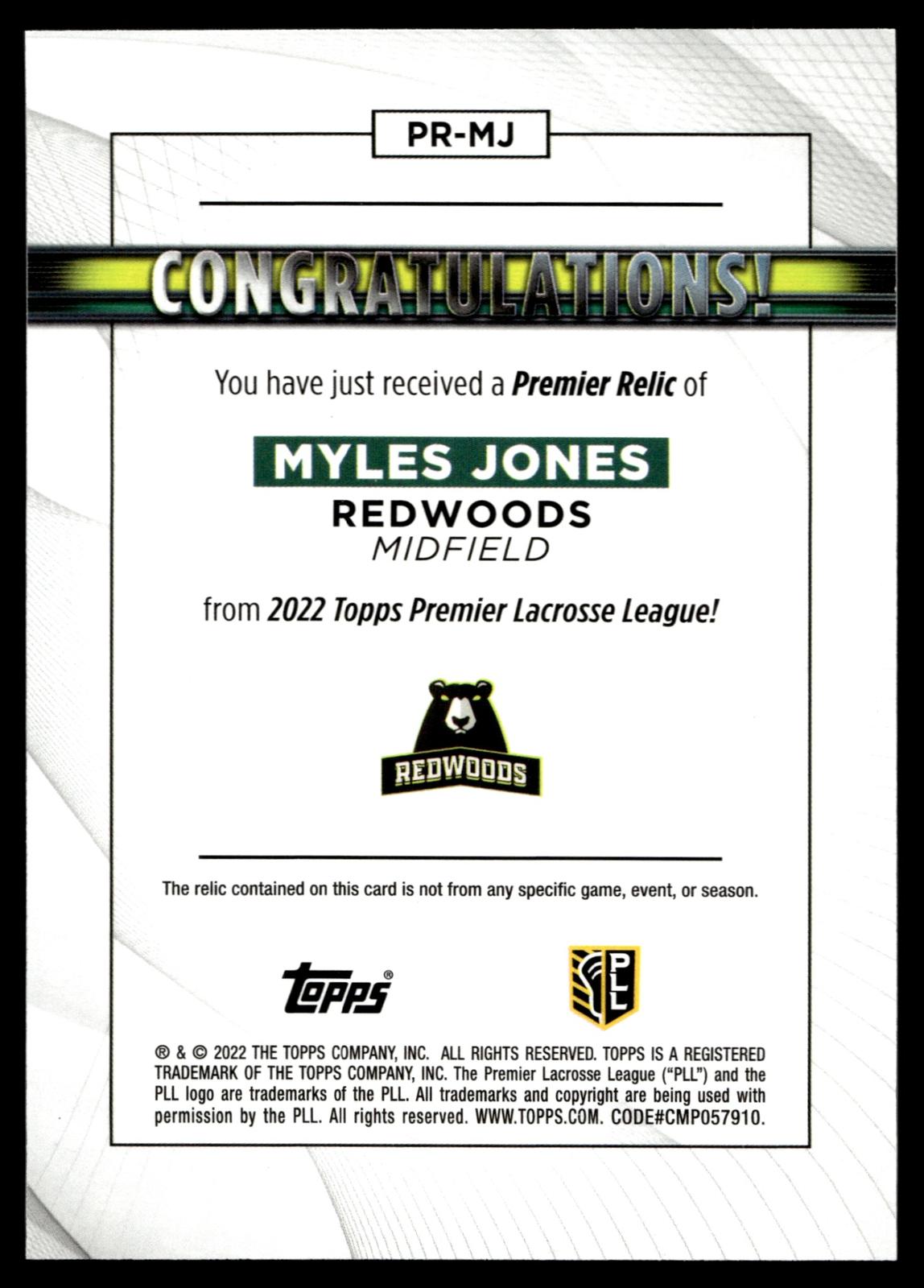 Myles Jones 2022 Topps PLL Redwoods Premier Relics #PR-MJ