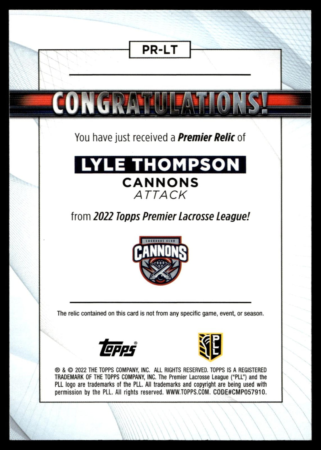 Lyle Thompson 2022 Topps PLL Cannons Premier Relics #PR-LT