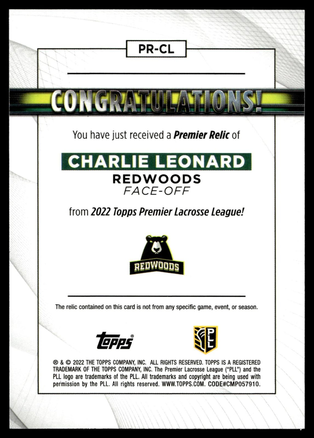 Charlie Leonard 2022 Topps PLL Redwoods Premier Relics #PR-CL