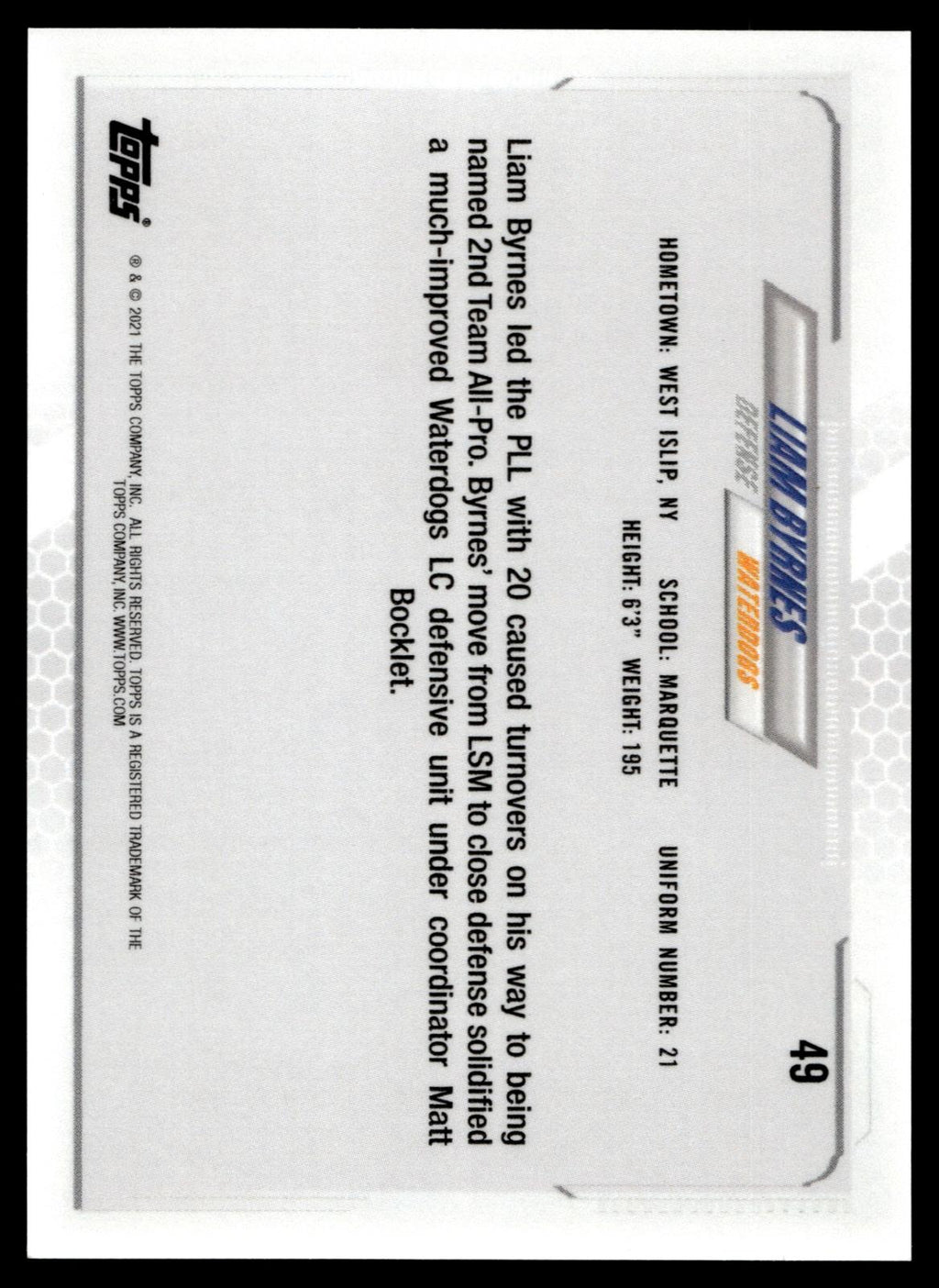 Liam Byrnes 2021 PLL First Edition Waterdogs Yellow 22/99 #49
