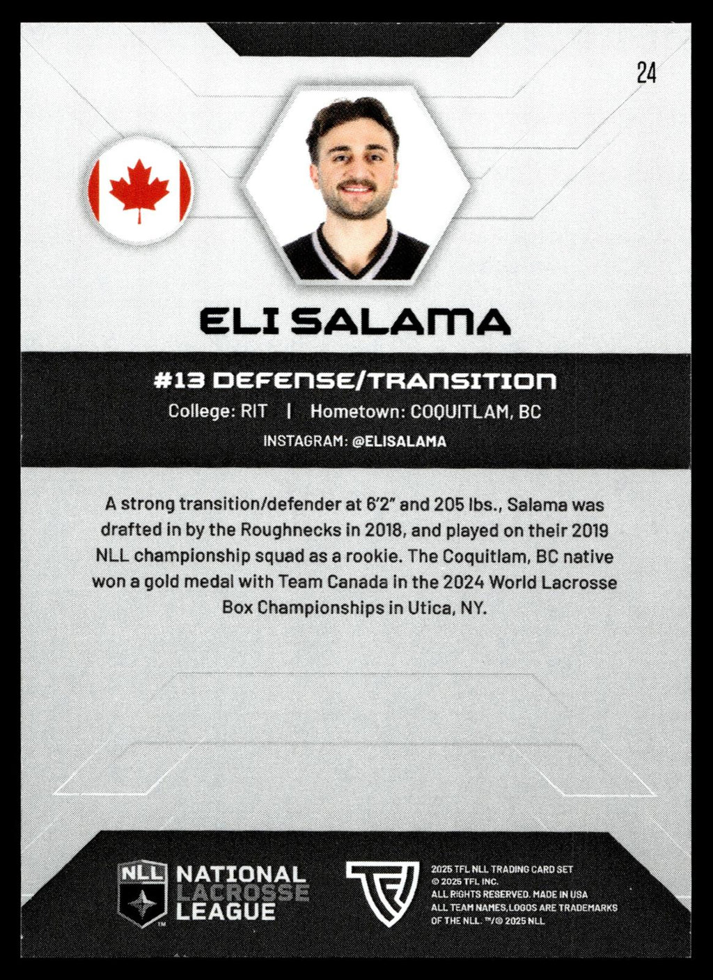 Eli Salama 2025 TFL NLL Calgary Roughnecks #24