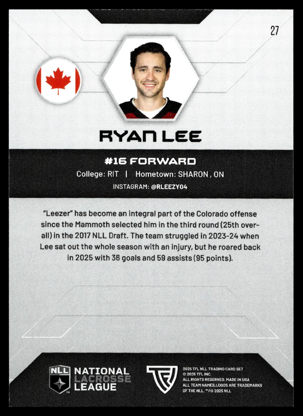 Ryan Lee 2025 TFL NLL Colorado Mammoth #27