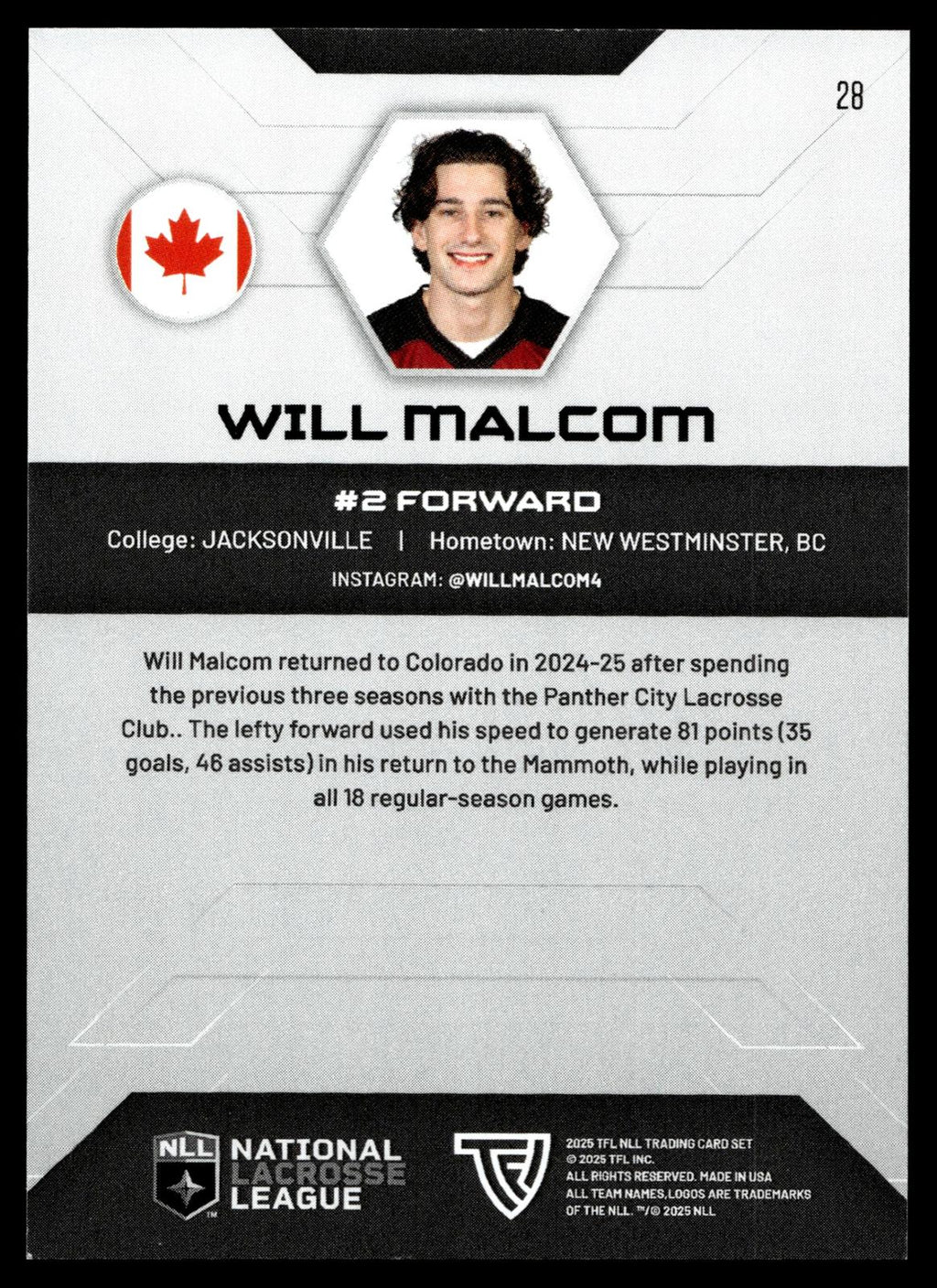 Will Malcom 2025 TFL NLL Colorado Mammoth #28
