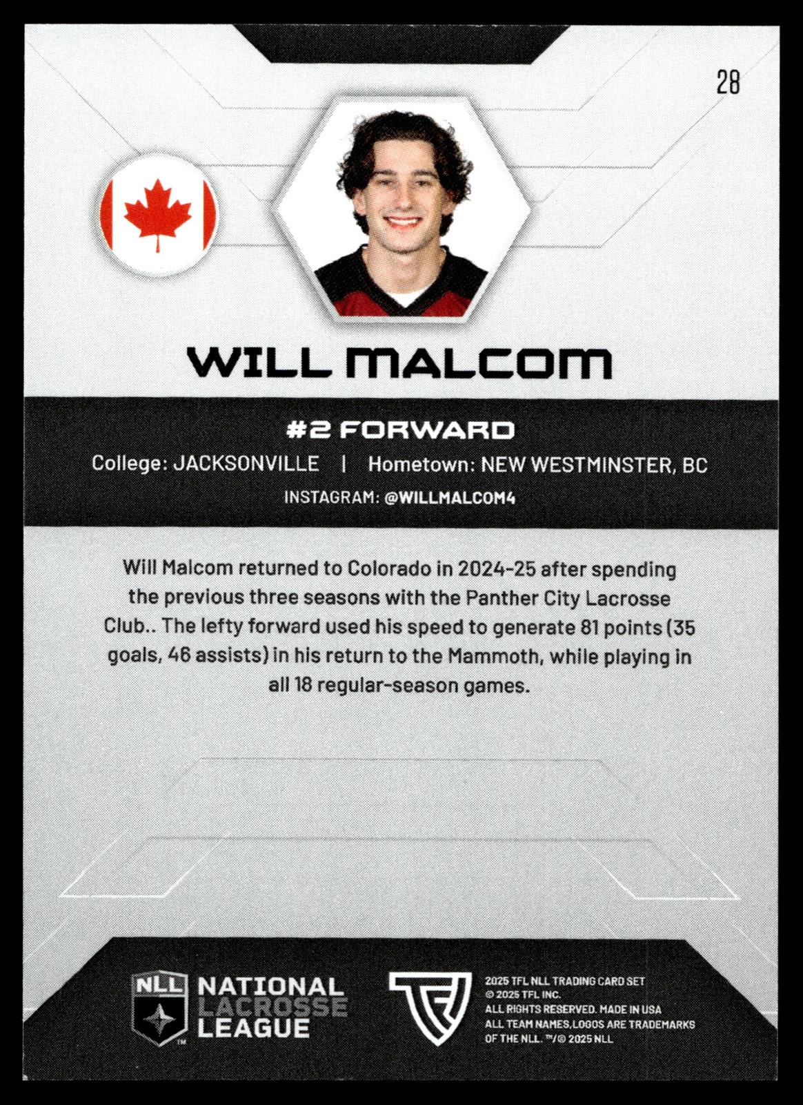 Will Malcom 2025 TFL NLL Colorado Mammoth #28