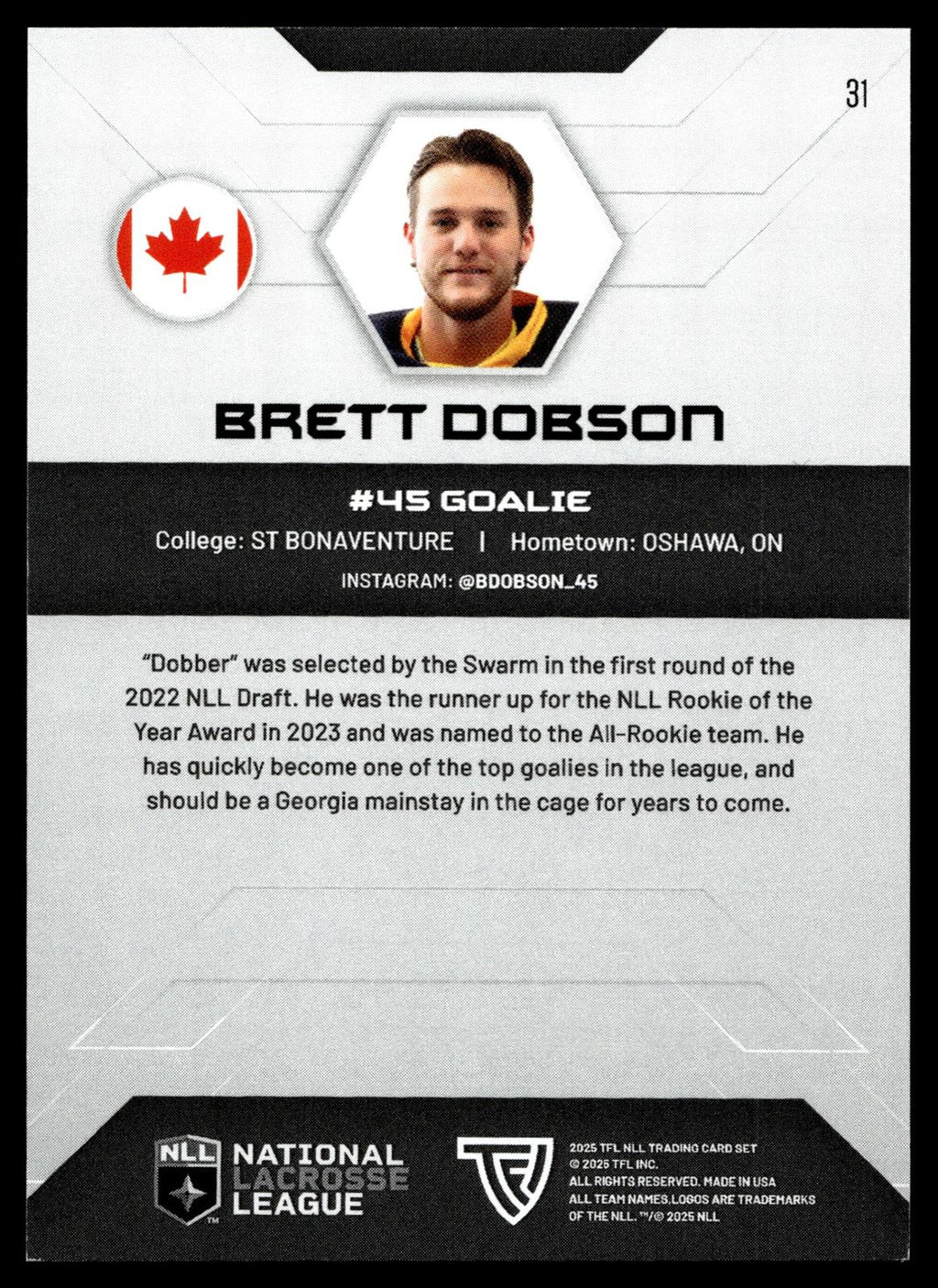 Brett Dobson 2025 TFL NLL Georgia Swarm #31