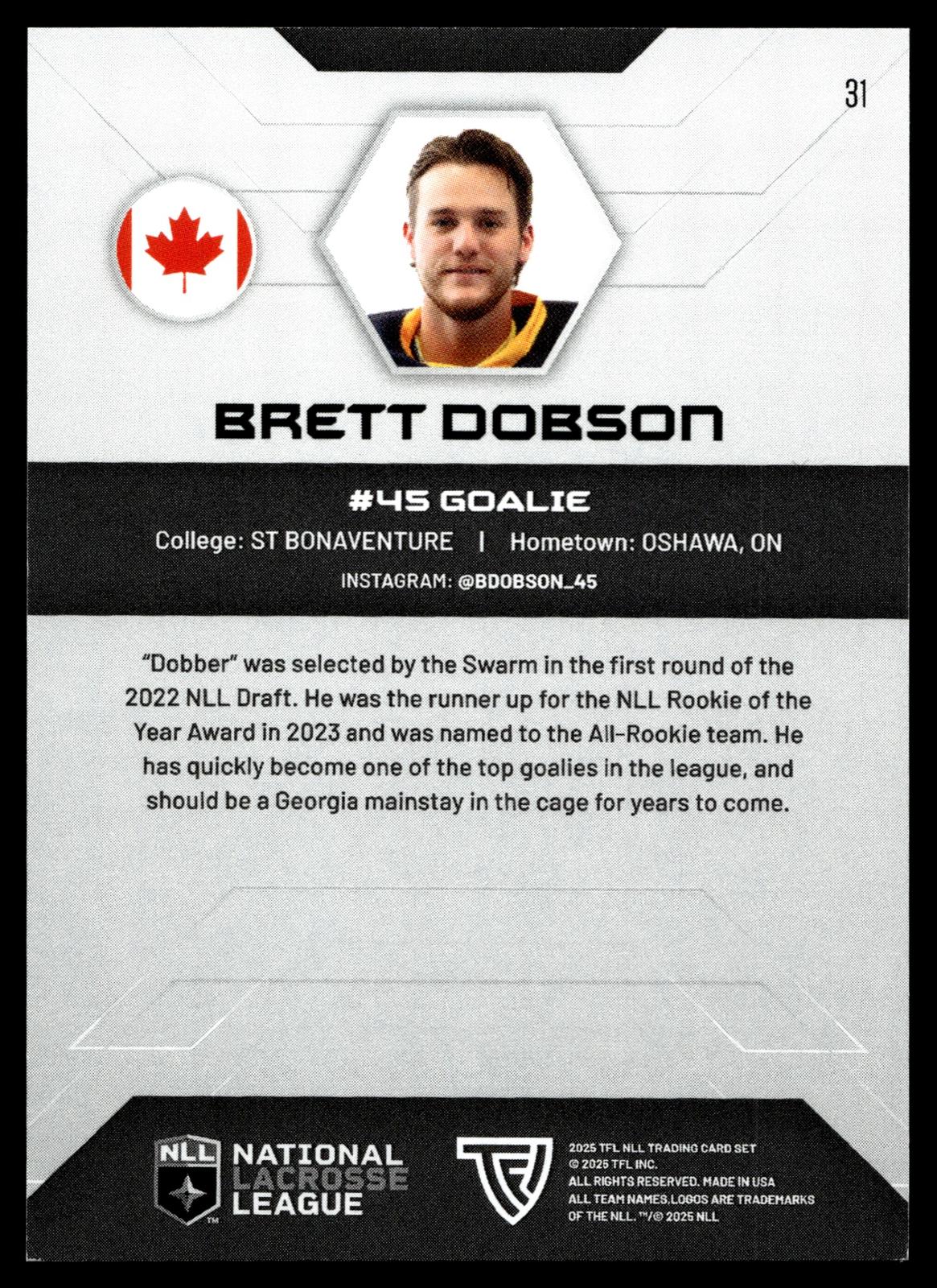 Brett Dobson 2025 TFL NLL Georgia Swarm #31