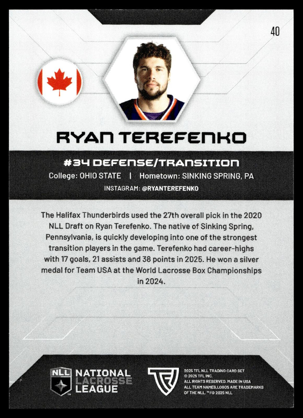 Ryan Terefenko 2025 TFL NLL Halifax Thunderbirds #40