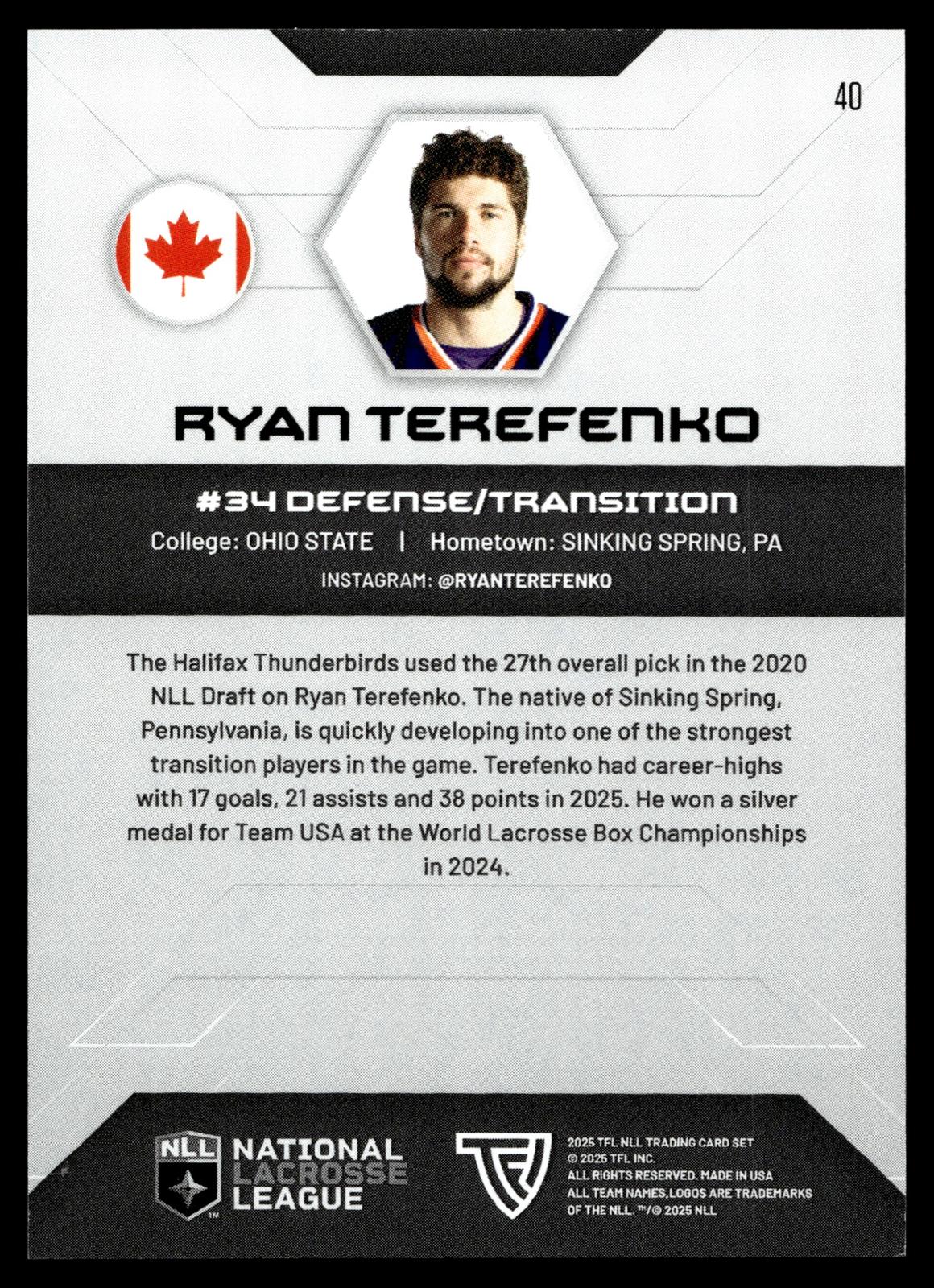 Ryan Terefenko 2025 TFL NLL Halifax Thunderbirds #40