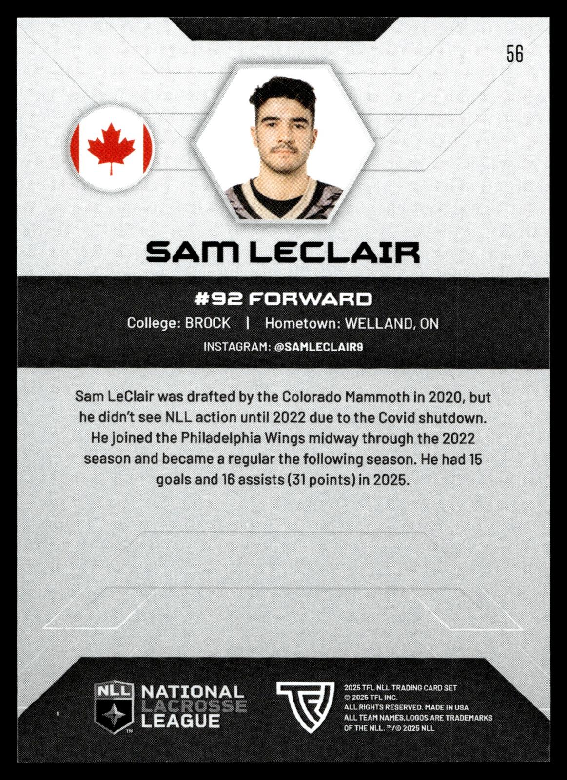 Sam Leclair 2025 TFL NLL Philadelphia Wings #56