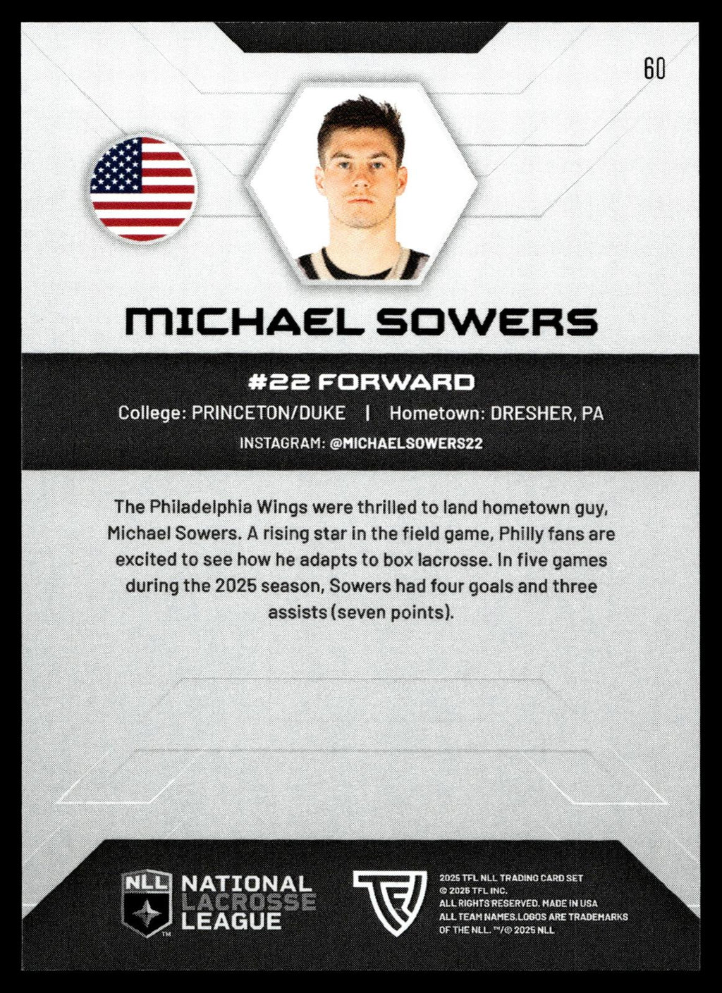 Michael Sowers 2025 TFL NLL Philadelphia Wings #60