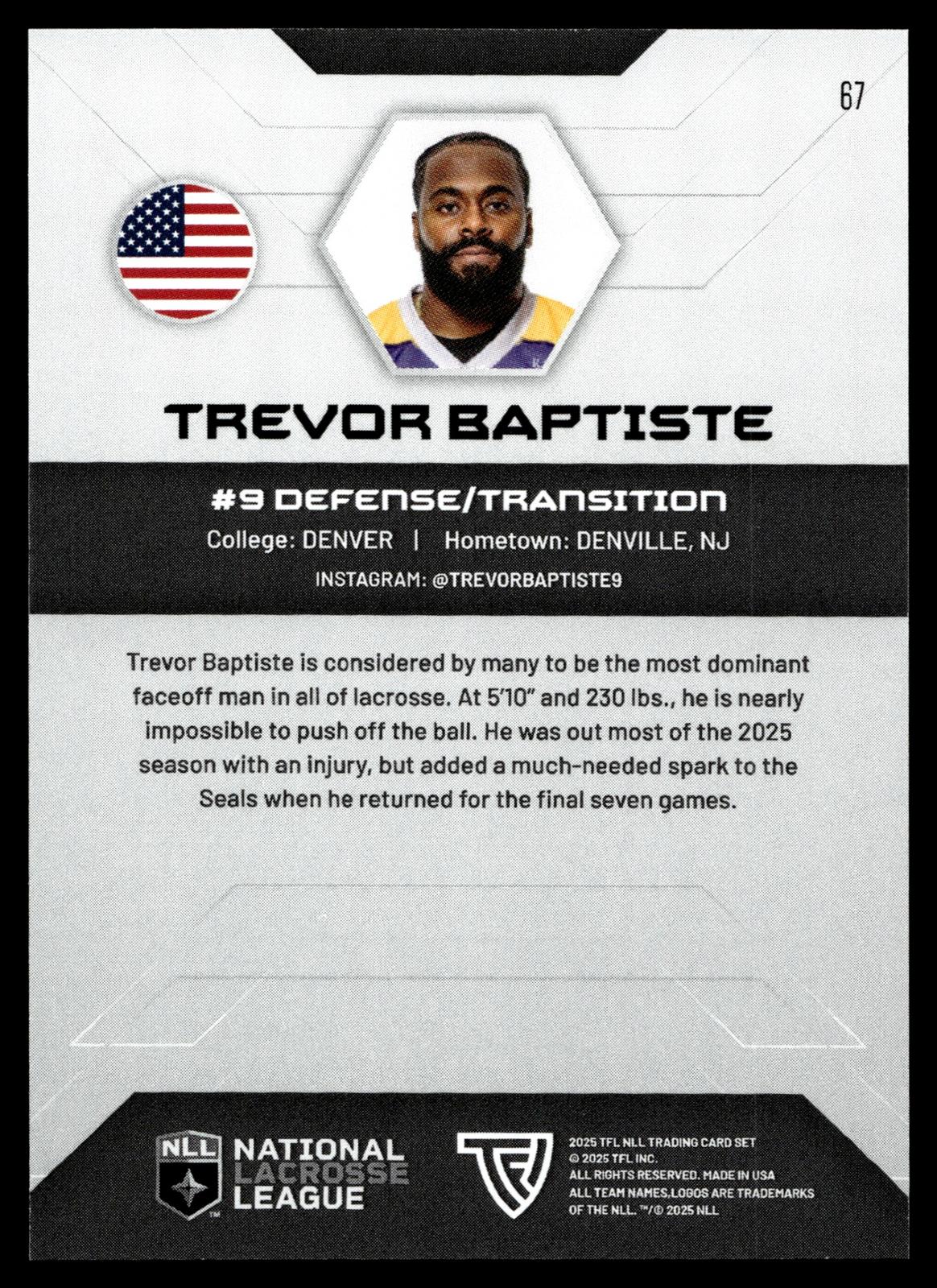 Trevor Baptiste 2025 TFL NLL San Diego Seals #67