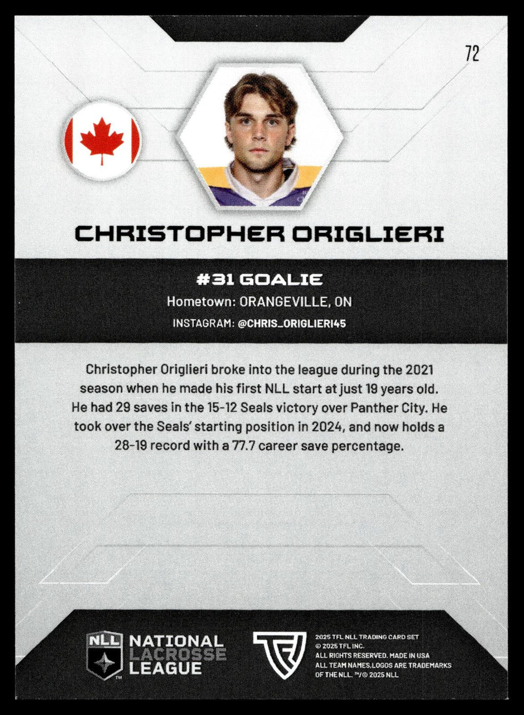 Christopher Origlieri 2025 TFL NLL San Diego Seals #72