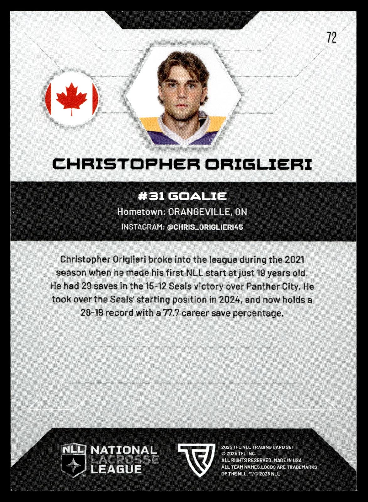 Christopher Origlieri 2025 TFL NLL San Diego Seals #72