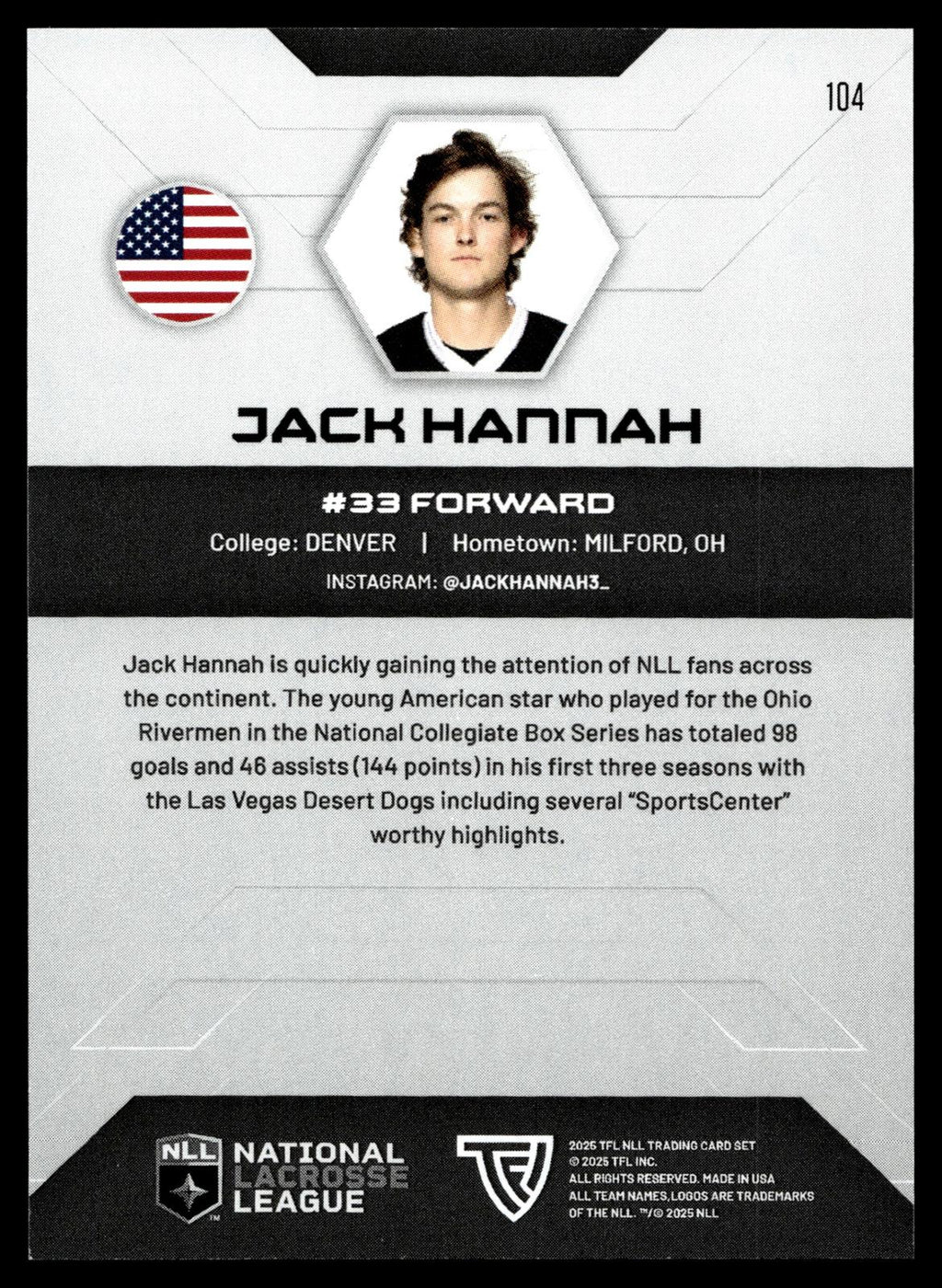 Jack Hannah 2025 TFL NLL Las Vegas Desert Dogs #104