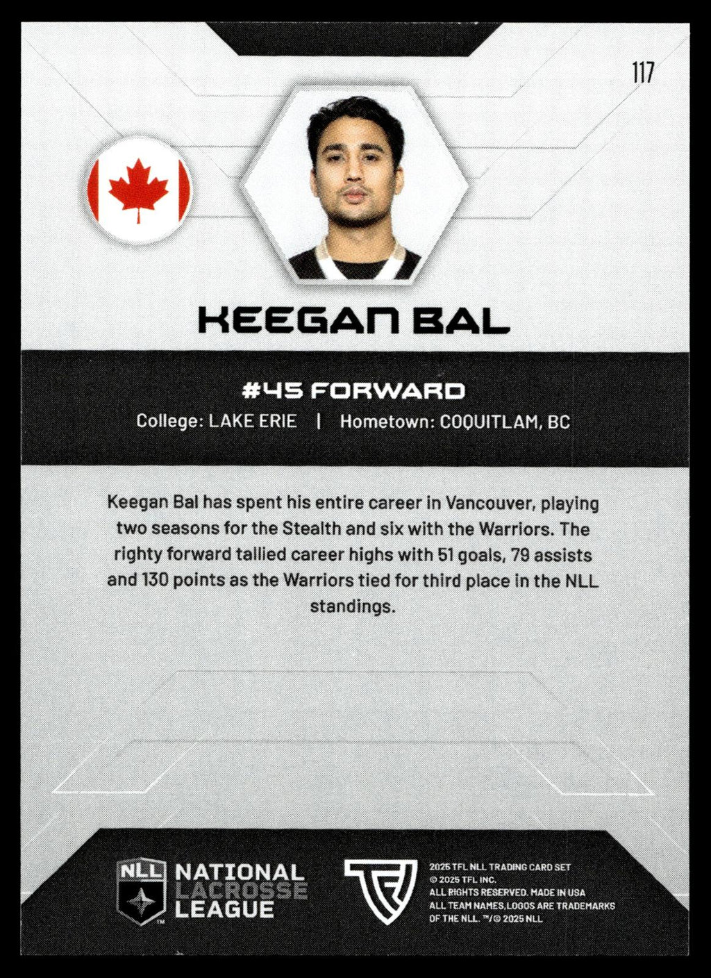 Keegan Bal 2025 TFL NLL Vancouver Warriors #117