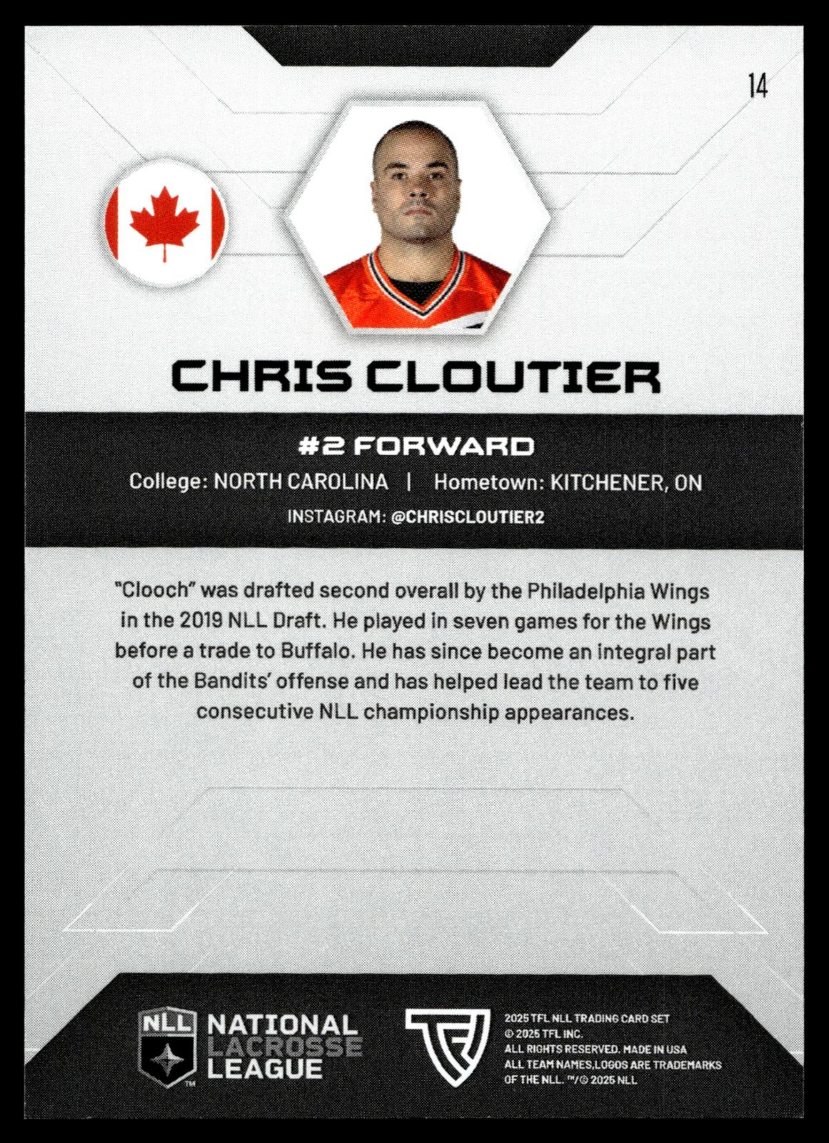 Chris Cloutier 2025 TFL NLL Buffalo Bandits #14
