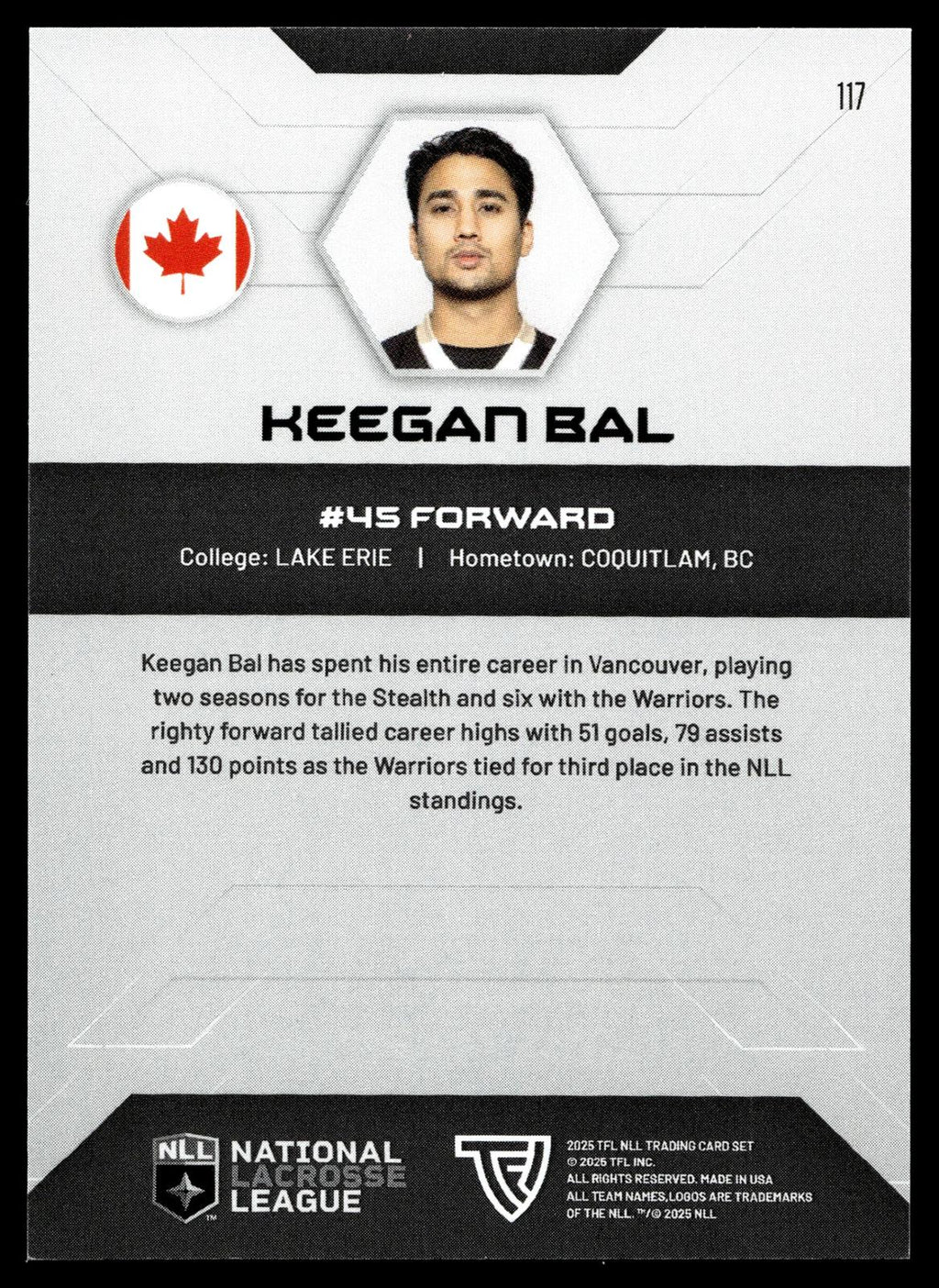 Keegan Bal 2025 TFL Sports NLL Vancouver Warriors Home Floor 60/75 #117